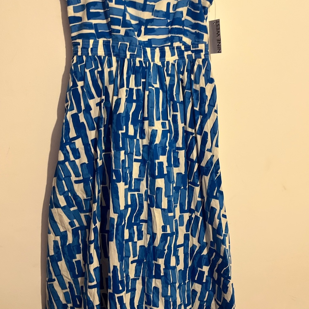 Women's Nine West Square Neck A-Line Dress Blue and White